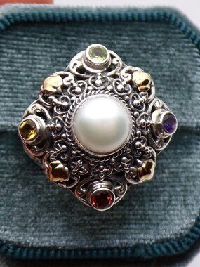 Artisan Pearl & Gemstone Statement Ring – Sterling Silver & 18K Gold Accents Sz8